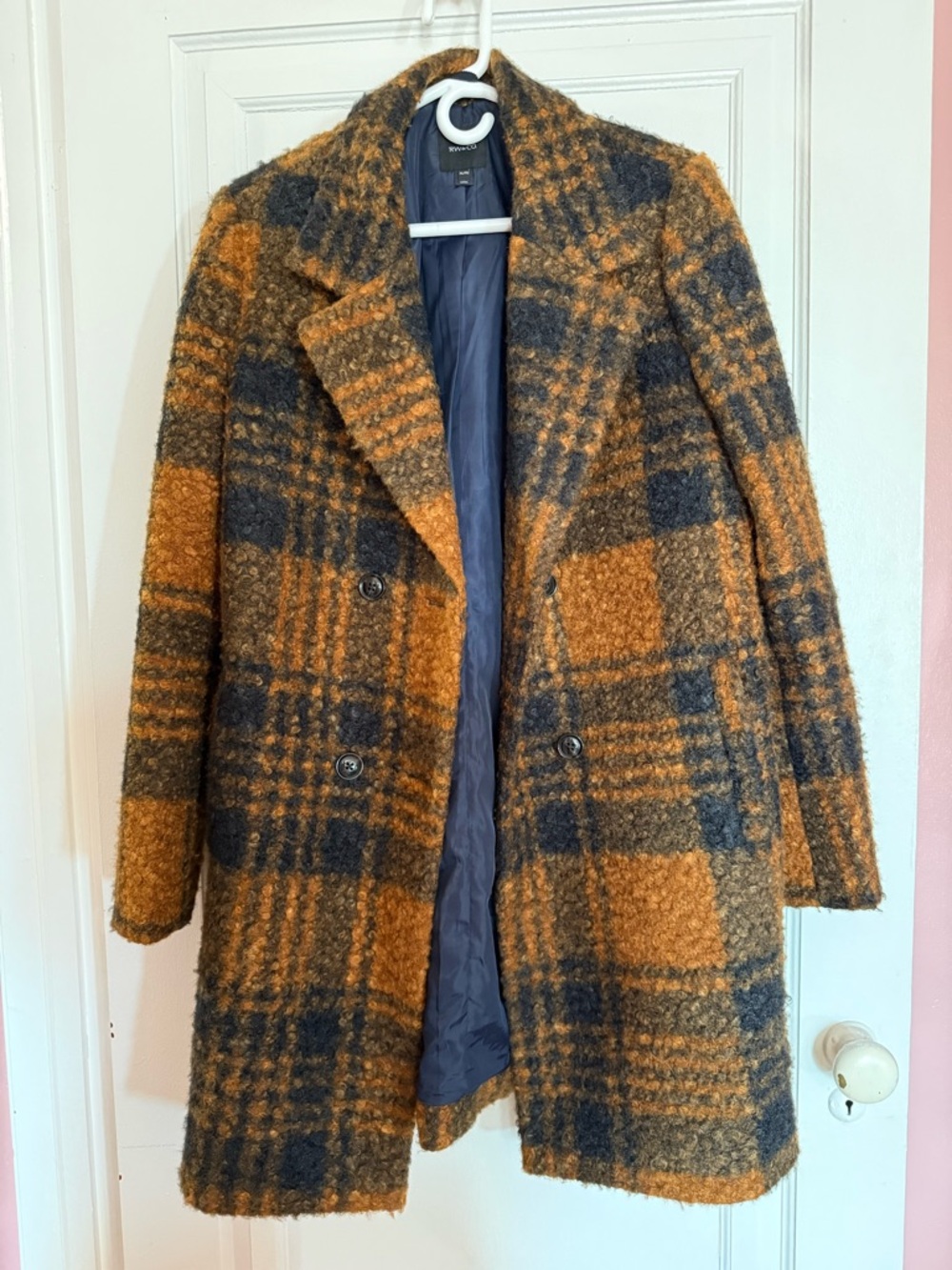 Plaid Double-Breasted Pea Coat in Burnt Caramel and Navy - Picture 2 of 13